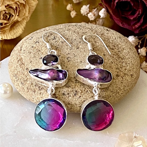 Bicolor Tourmaline, Biwa Pearl And Amethyst Earrings - Picture 2 of 9